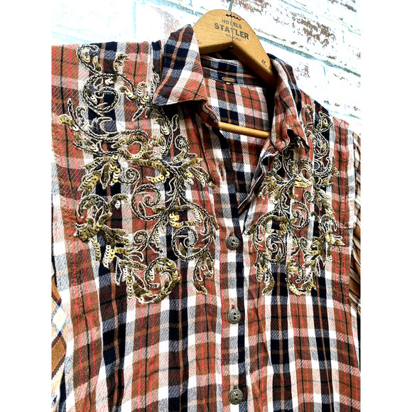 Free People Gold Embroidery Copper Two Tone Plaid Flowing Button Down Blouse - Picture 6 of 10